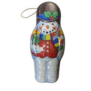 Vintage Snowman Tin Ornament Container Opens